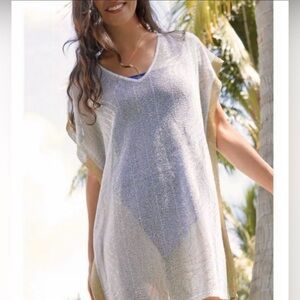 Lilly Pulitzer Sz L Elio Coverup White Mesh Metallic Gold Wave Foil Edge